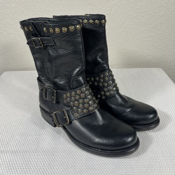 Frye Shoes - FRYE JENNA SHORT ANKLE METAL STUD BLACK LEATHER MOTORCYCLE BOOTS SIZE 5.5B